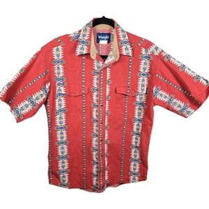 VTG Wrangler Shirt Mens Large Western Short Sleeve Pearl Snap Red Aztec Cowboy